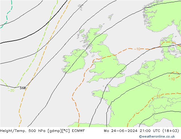 Height/Temp. 500 hPa ECMWF pon. 24.06.2024 21 UTC