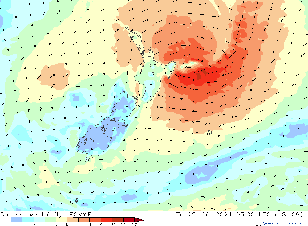 Surface wind (bft) ECMWF Tu 25.06.2024 03 UTC