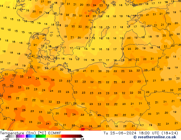 Temperatura (2m) ECMWF mar 25.06.2024 18 UTC