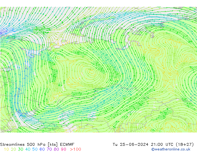 Linea di flusso 500 hPa ECMWF mar 25.06.2024 21 UTC