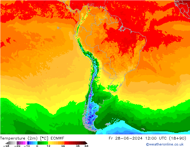 Temperature (2m) ECMWF Fr 28.06.2024 12 UTC