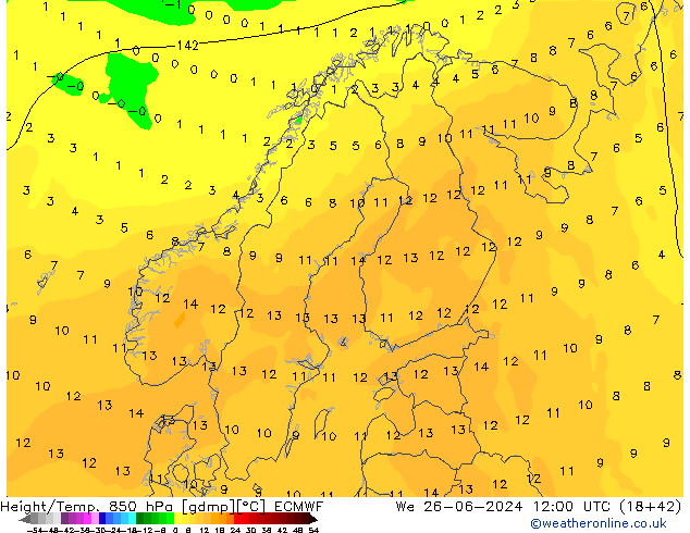 Z500/Rain (+SLP)/Z850 ECMWF Mi 26.06.2024 12 UTC