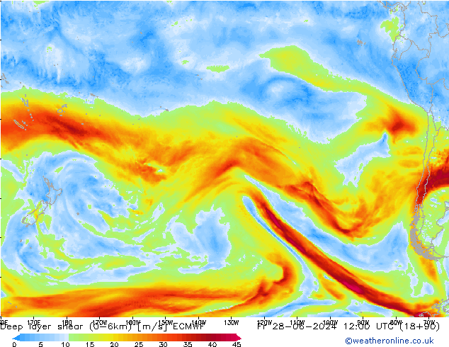 Deep layer shear (0-6km) ECMWF Fr 28.06.2024 12 UTC