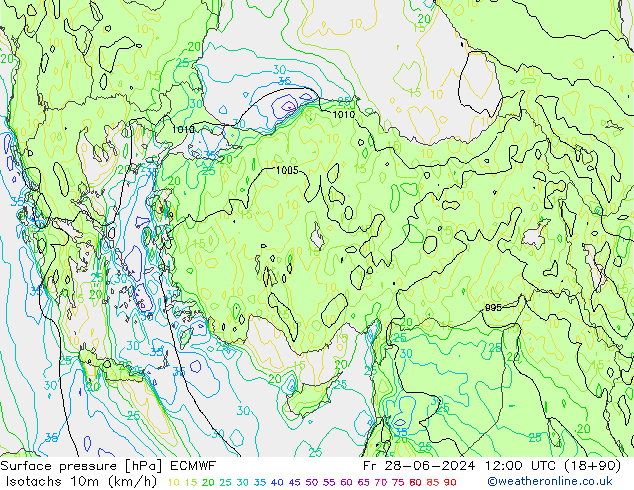 Isotachen (km/h) ECMWF vr 28.06.2024 12 UTC