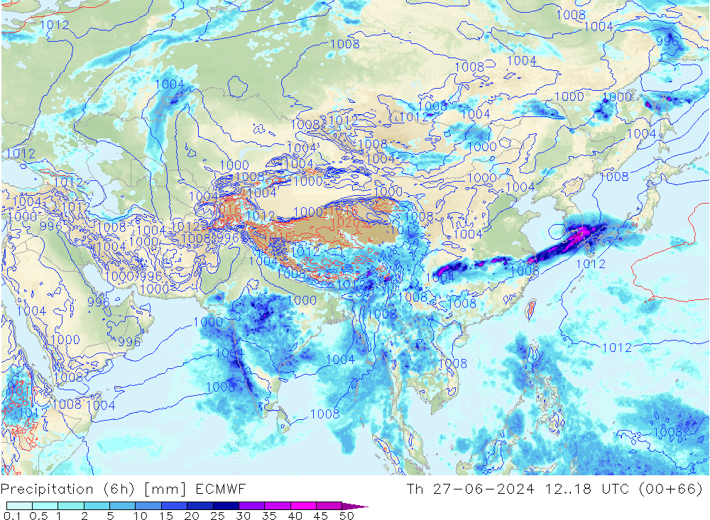 Precipitazione (6h) ECMWF gio 27.06.2024 18 UTC