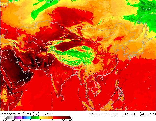 Temperature (2m) ECMWF Sa 29.06.2024 12 UTC