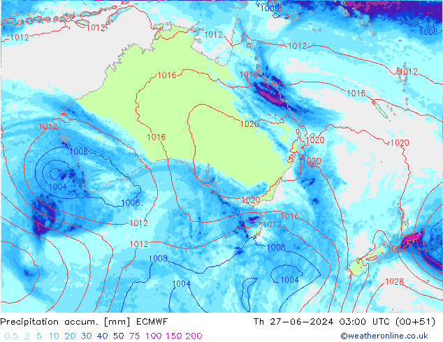 Precipitation accum. ECMWF gio 27.06.2024 03 UTC