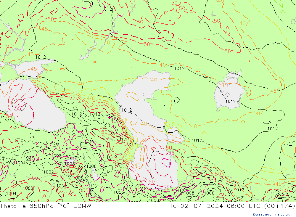 Theta-e 850hPa ECMWF Ter 02.07.2024 06 UTC