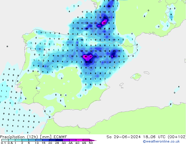 Precipitation (12h) ECMWF Sa 29.06.2024 06 UTC