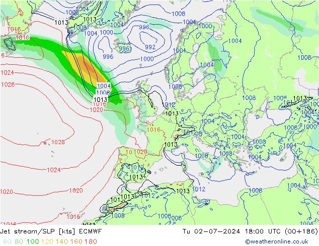 Jet stream/SLP ECMWF Tu 02.07.2024 18 UTC