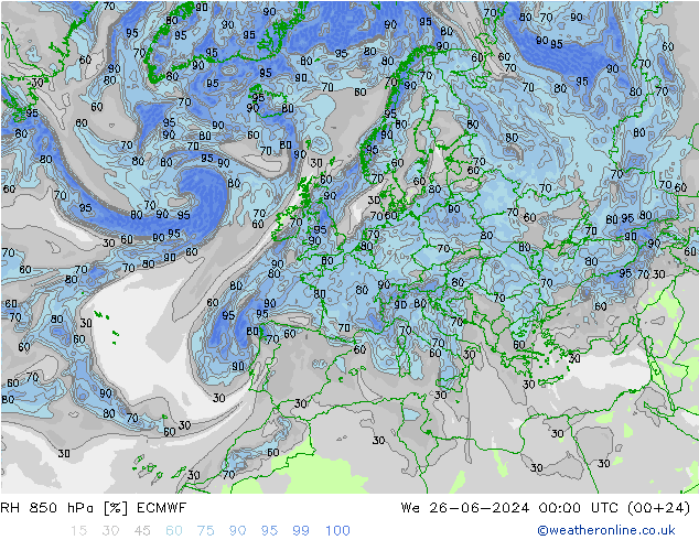 Humedad rel. 850hPa ECMWF mié 26.06.2024 00 UTC