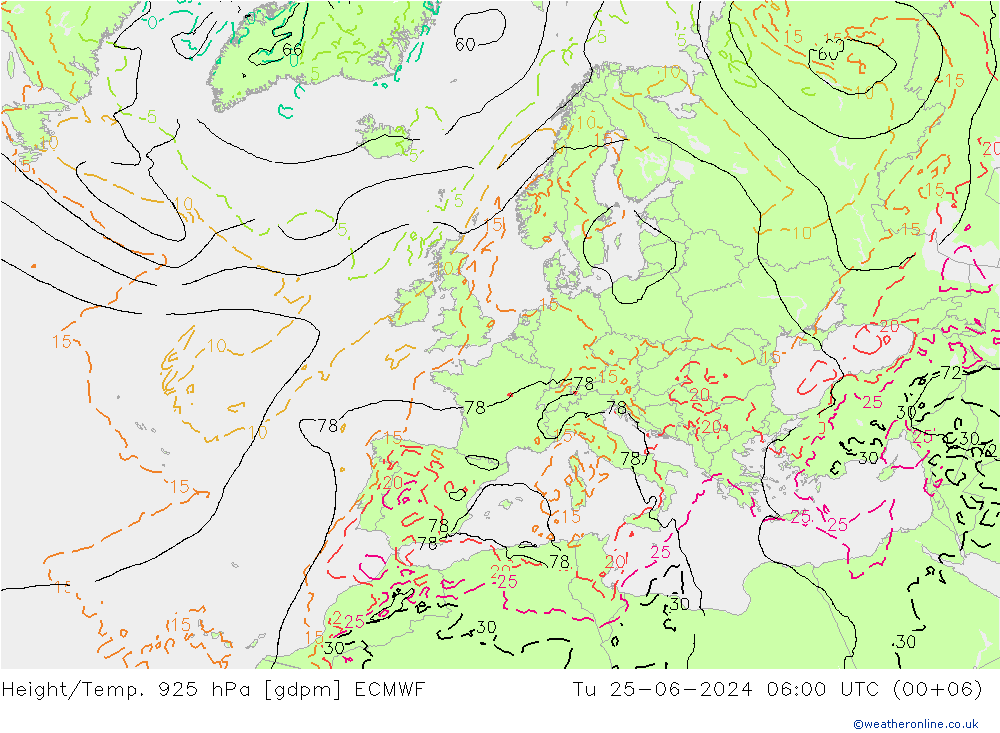 Height/Temp. 925 hPa ECMWF 星期二 25.06.2024 06 UTC