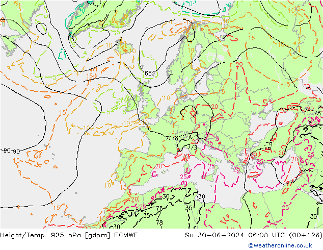 Hoogte/Temp. 925 hPa ECMWF zo 30.06.2024 06 UTC