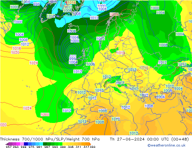 Thck 700-1000 hPa ECMWF Th 27.06.2024 00 UTC