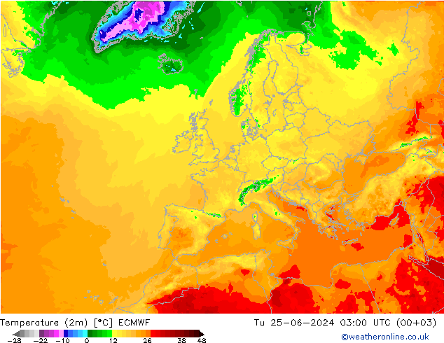 Temperature (2m) ECMWF Tu 25.06.2024 03 UTC