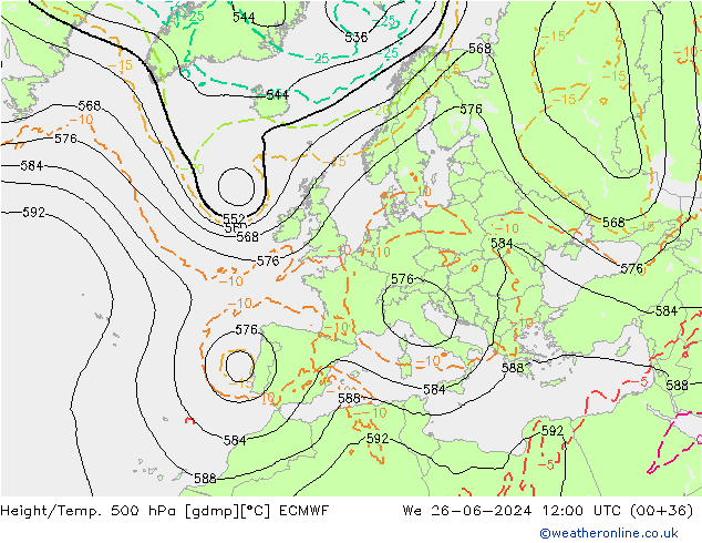 Z500/Rain (+SLP)/Z850 ECMWF We 26.06.2024 12 UTC