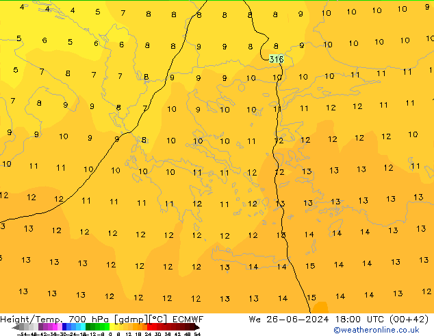 Hoogte/Temp. 700 hPa ECMWF wo 26.06.2024 18 UTC