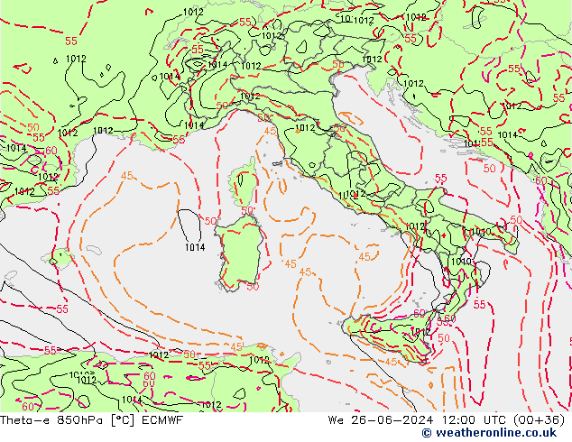 Theta-e 850hPa ECMWF We 26.06.2024 12 UTC