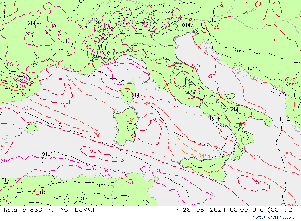 Theta-e 850hPa ECMWF Fr 28.06.2024 00 UTC