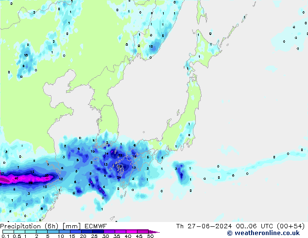 Z500/Rain (+SLP)/Z850 ECMWF Čt 27.06.2024 06 UTC