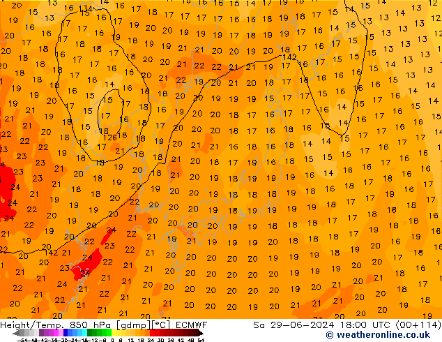 Height/Temp. 850 hPa ECMWF Sa 29.06.2024 18 UTC