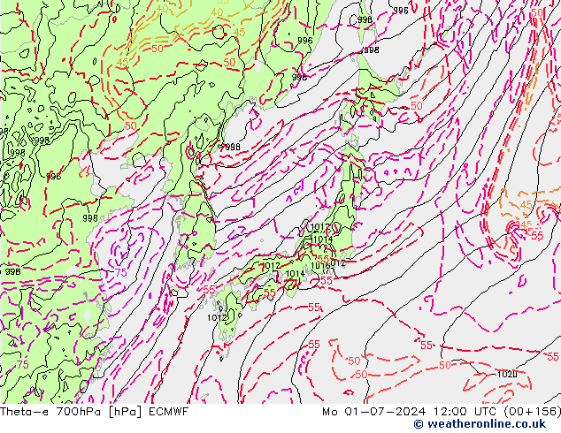 Theta-e 700гПа ECMWF пн 01.07.2024 12 UTC