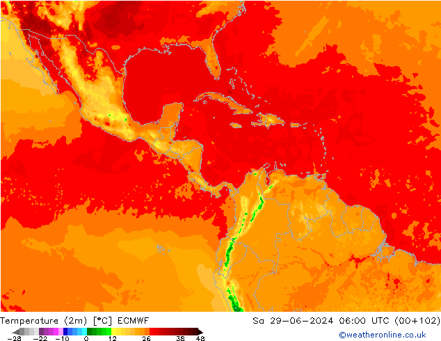 mapa temperatury (2m) ECMWF so. 29.06.2024 06 UTC