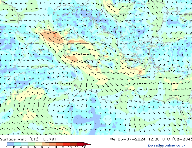 Viento 10 m (bft) ECMWF mié 03.07.2024 12 UTC