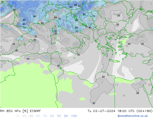 RH 850 hPa ECMWF Tu 02.07.2024 18 UTC