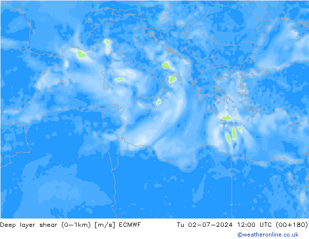 Deep layer shear (0-1km) ECMWF di 02.07.2024 12 UTC