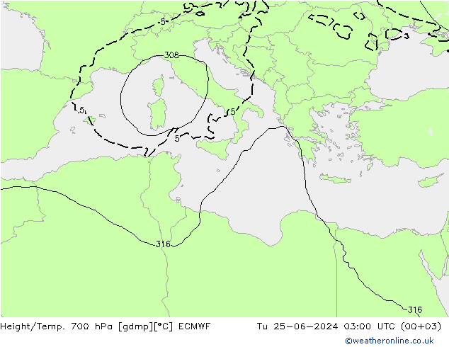 Height/Temp. 700 hPa ECMWF Tu 25.06.2024 03 UTC