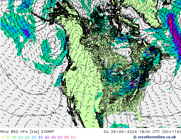 wiatr 850 hPa ECMWF so. 29.06.2024 18 UTC