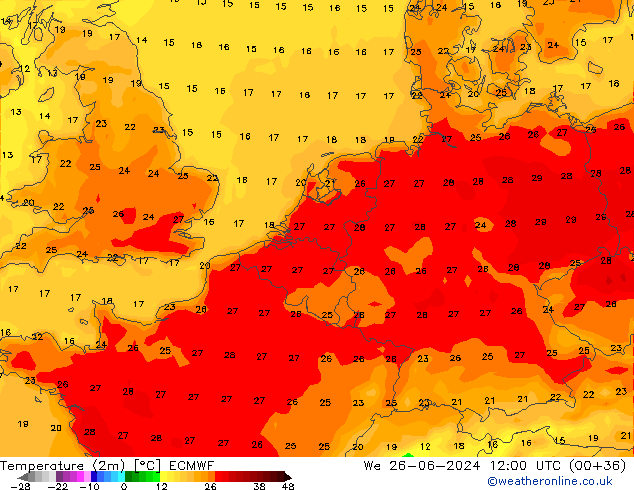 Temperaturkarte (2m) ECMWF Mi 26.06.2024 12 UTC