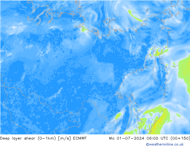 Deep layer shear (0-1km) ECMWF Pzt 01.07.2024 06 UTC