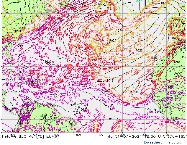 Theta-e 850hPa ECMWF lun 01.07.2024 18 UTC