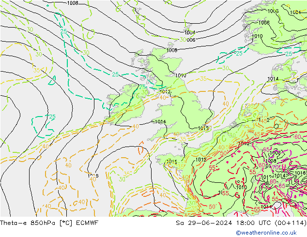 Theta-e 850hPa ECMWF sam 29.06.2024 18 UTC