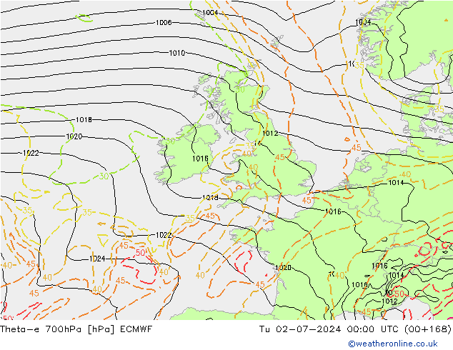 Theta-e 700hPa ECMWF mar 02.07.2024 00 UTC
