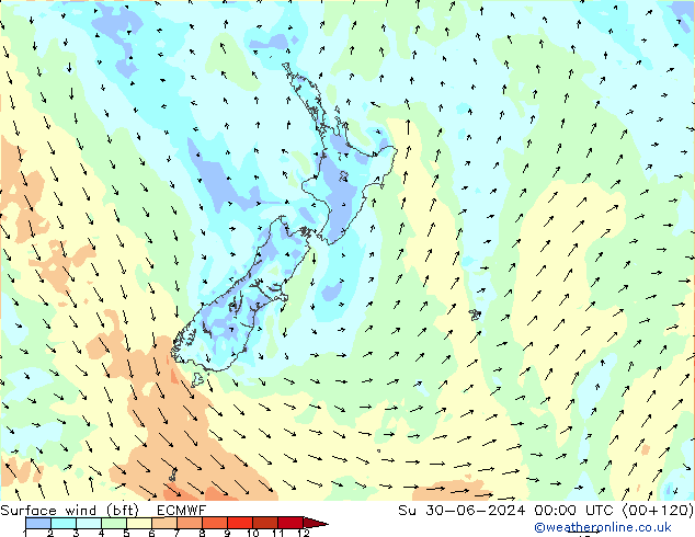 Vent 10 m (bft) ECMWF dim 30.06.2024 00 UTC