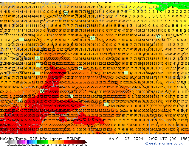 Height/Temp. 925 hPa ECMWF Mo 01.07.2024 12 UTC