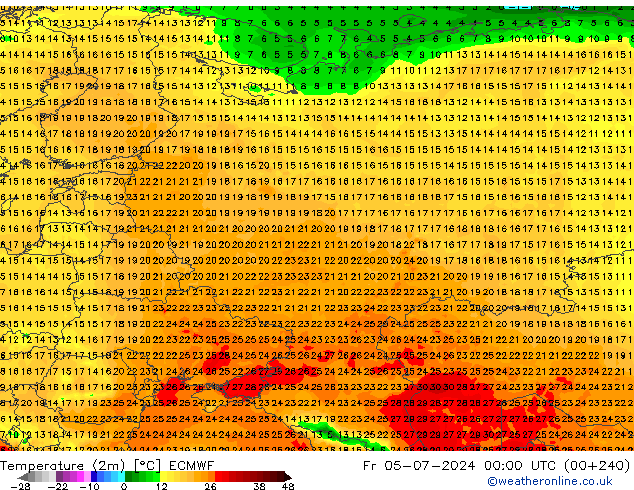 Temperature (2m) ECMWF Pá 05.07.2024 00 UTC