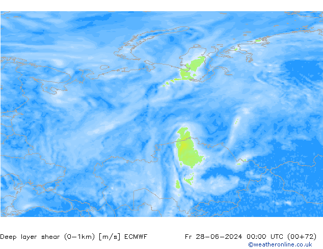 Deep layer shear (0-1km) ECMWF Fr 28.06.2024 00 UTC