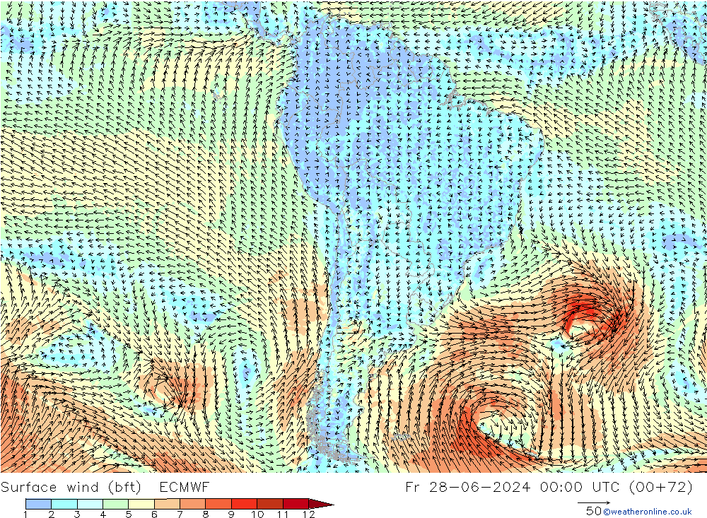 Wind 10 m (bft) ECMWF vr 28.06.2024 00 UTC