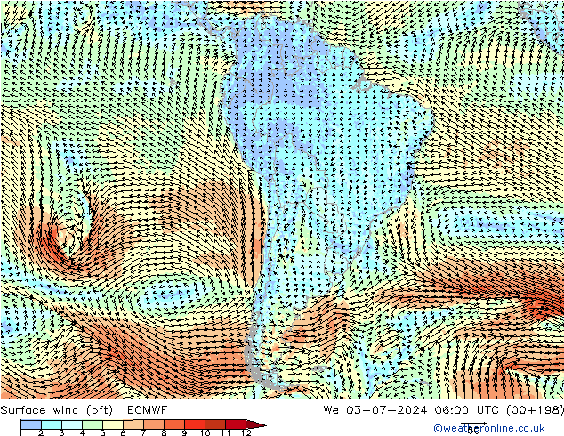 Wind 10 m (bft) ECMWF wo 03.07.2024 06 UTC