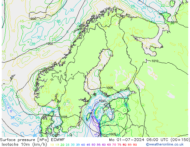 Izotacha (km/godz) ECMWF pon. 01.07.2024 06 UTC