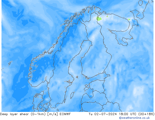 Deep layer shear (0-1km) ECMWF Di 02.07.2024 18 UTC