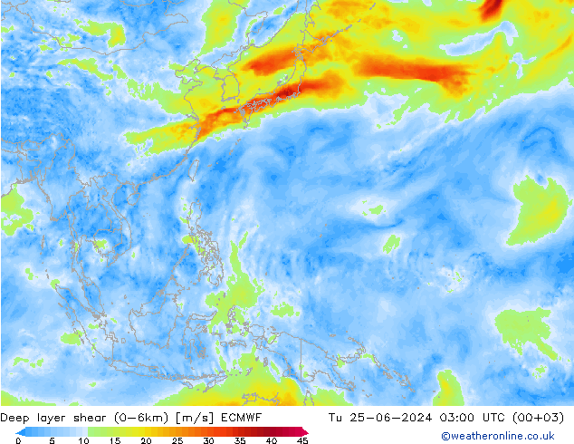 Deep layer shear (0-6km) ECMWF mar 25.06.2024 03 UTC