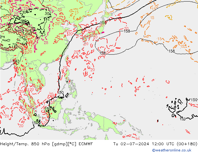 Z500/Rain (+SLP)/Z850 ECMWF Tu 02.07.2024 12 UTC