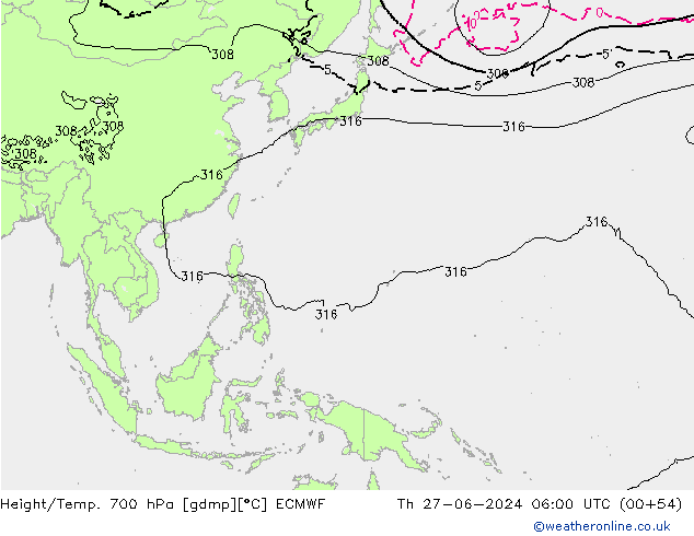 Height/Temp. 700 hPa ECMWF Th 27.06.2024 06 UTC