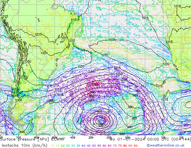 Isotachs (kph) ECMWF  01.07.2024 00 UTC