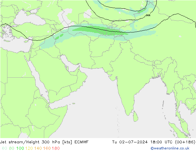 Jet stream/Height 300 hPa ECMWF Tu 02.07.2024 18 UTC